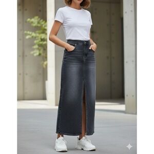 H&M Divided Denim Maxi Skirt Womens Size 8 Gray Faded Front Slit Y2K Style Boho